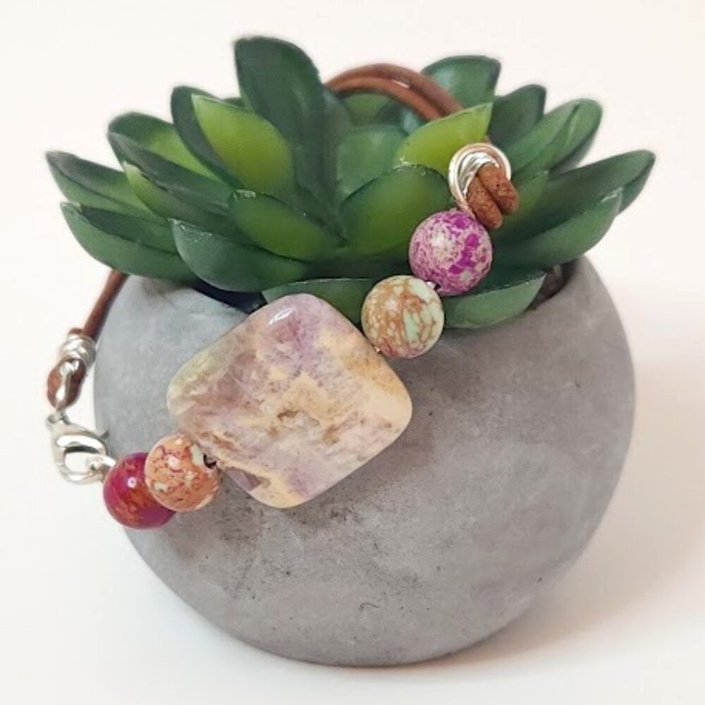 Handcrafted Jaspurite Stone and Leather Bracelet